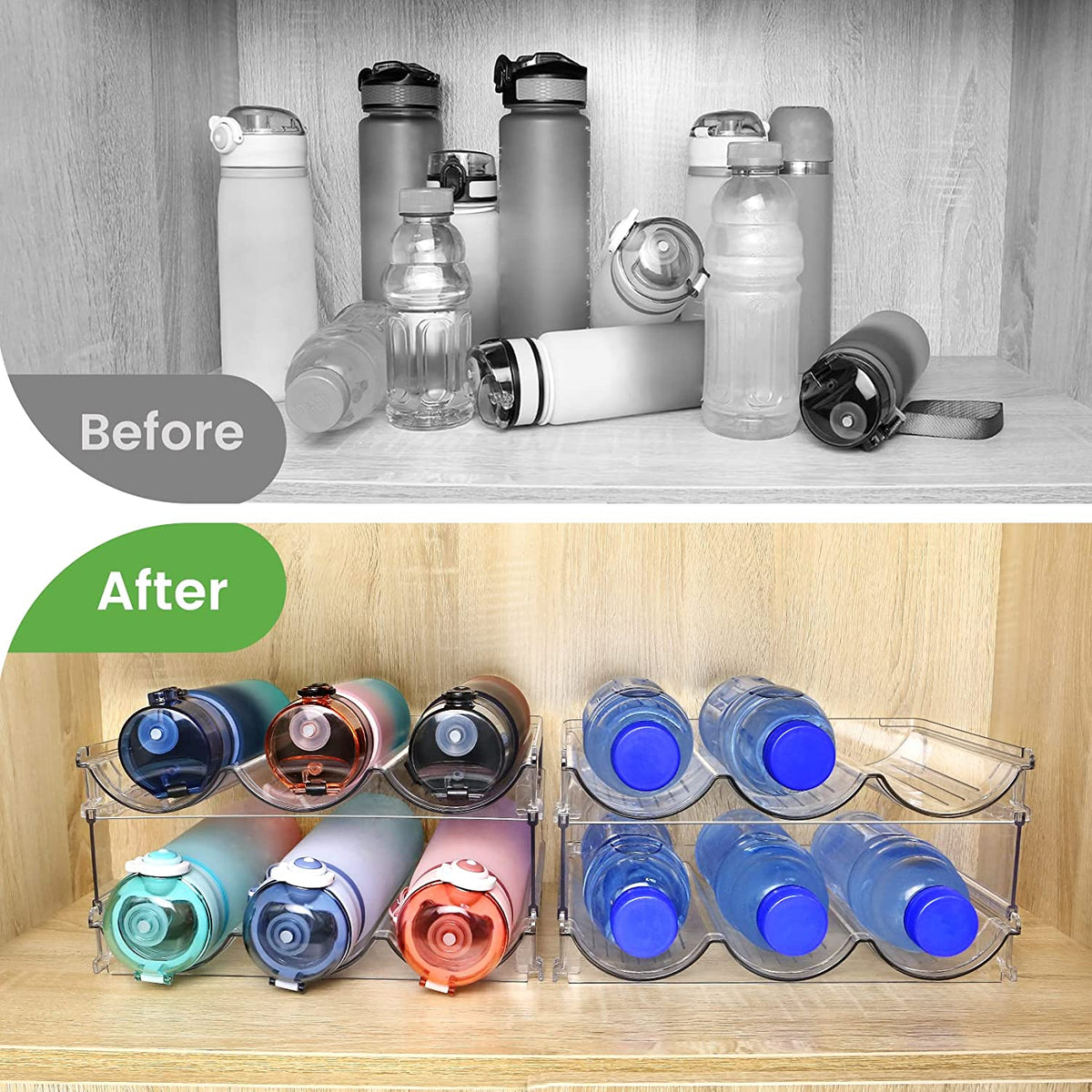 Water Bottle Organizer for Cabinet, Water Bottle Storage Organizer, 2 Packs Water Bottle Storage Rack, Water Bottle Holder for Cabinet, Stackable Water Bottle Storage Rack